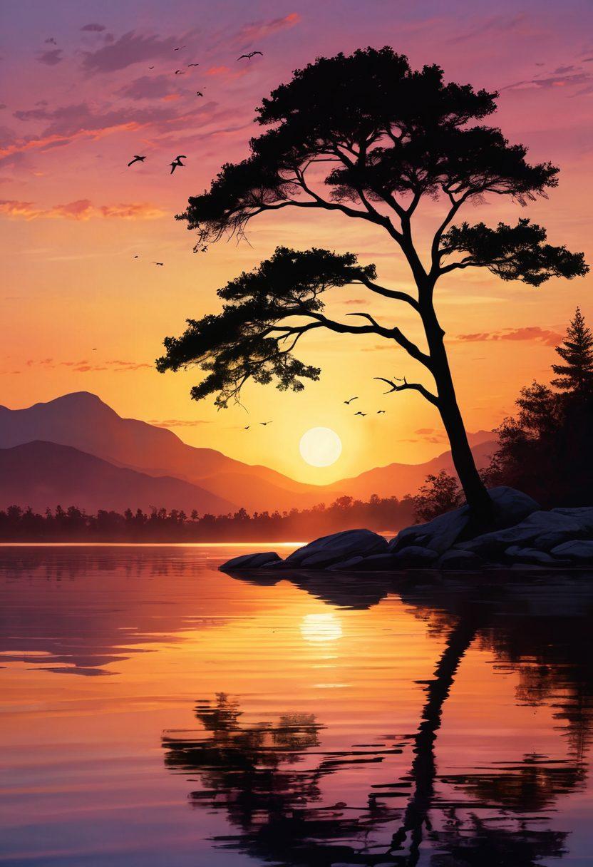 A serene landscape depicting a sunset over a peaceful lake, symbolizing hope and recovery, with silhouettes of diverse individuals standing together, showcasing unity and support. Include elements like a sturdy tree representing resilience and gentle waves on the water symbolizing healing. Soft, warm colors to evoke feelings of comfort and strength. super-realistic. vibrant colors. calm atmosphere.