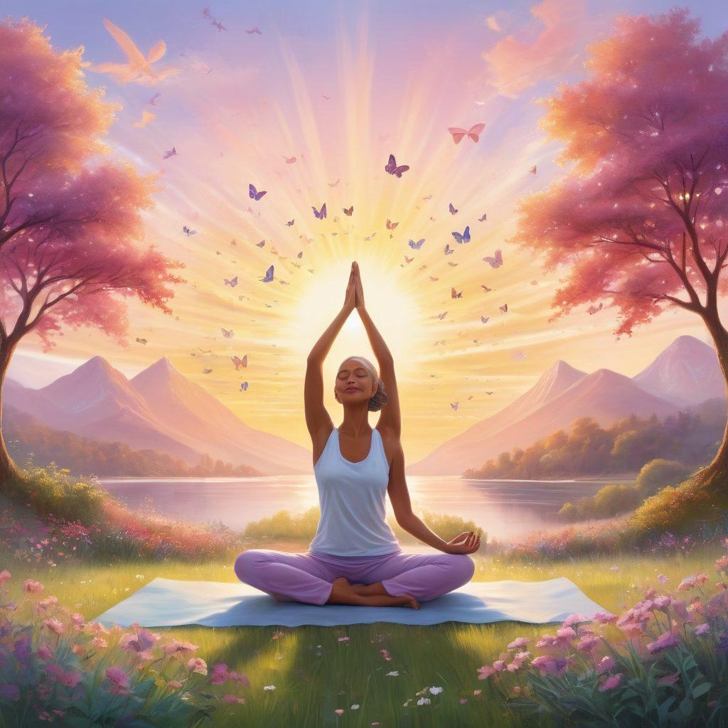 A serene landscape showcasing a diverse group of cancer survivors engaging in various activities like yoga and painting, with a radiant sun rising in the background symbolizing hope. Include subtle symbols of strength and resilience—like butterflies and blooming flowers—scattered throughout the scene. The atmosphere should exude positivity and empowerment, encouraging a sense of community and support. soft pastel colors. nature-inspired. uplifting. vibrant.