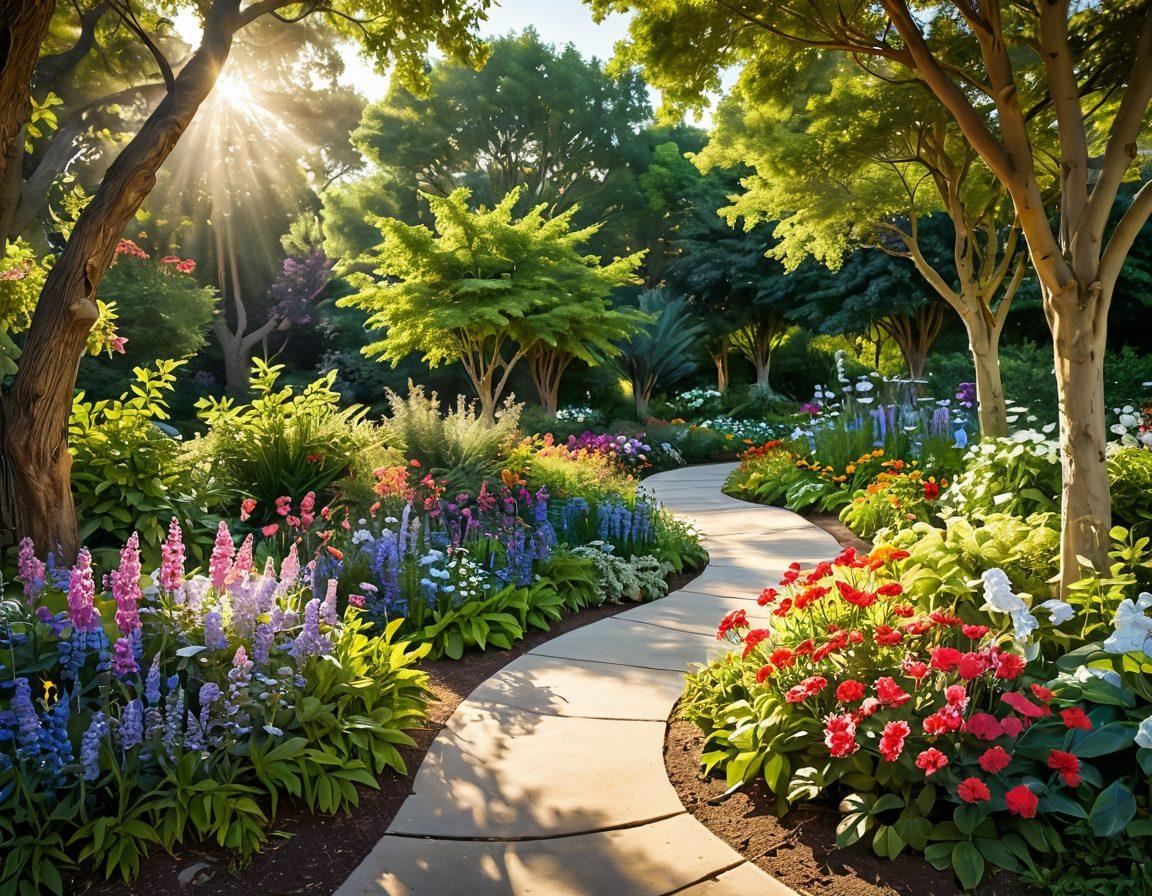 A serene landscape symbolizing hope and recovery, featuring a stylized path winding through a lush garden of vibrant flowers and greenery, with soft sunlight filtering through the trees; include subtle elements like a butterfly and a support group under a tree, showcasing community and healing. super-realistic. vibrant colors. soothing atmosphere.